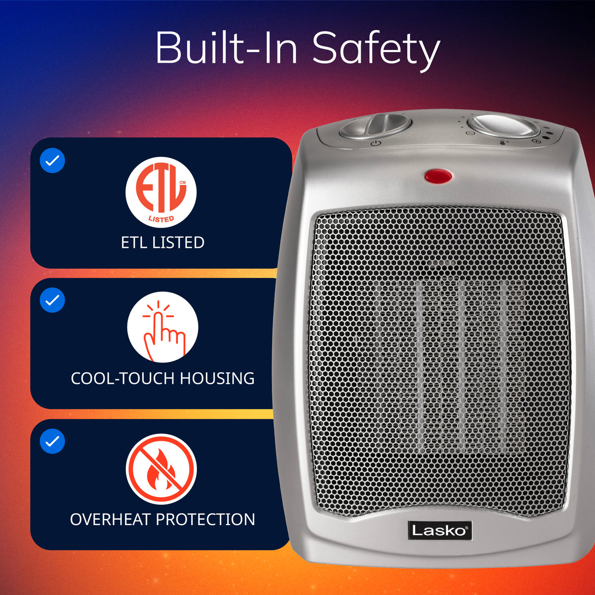 Lasko 9" Ceramic Space Heater: Overheat Protection, 2 Heat Settings, Thermostat