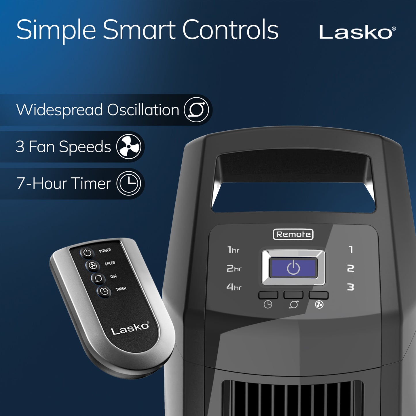 Lasko 35" Tower Fan: Oscillating, 3-Speed, High Velocity, Manual Louvers, Remote, Black