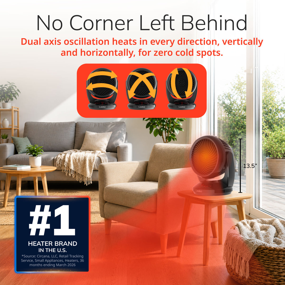 Lasko Whirlwind Heat 13.5" Ceramic Space Heater: Dual Oscillation, 3 Heat Settings, Remote, Timer, Thermostat