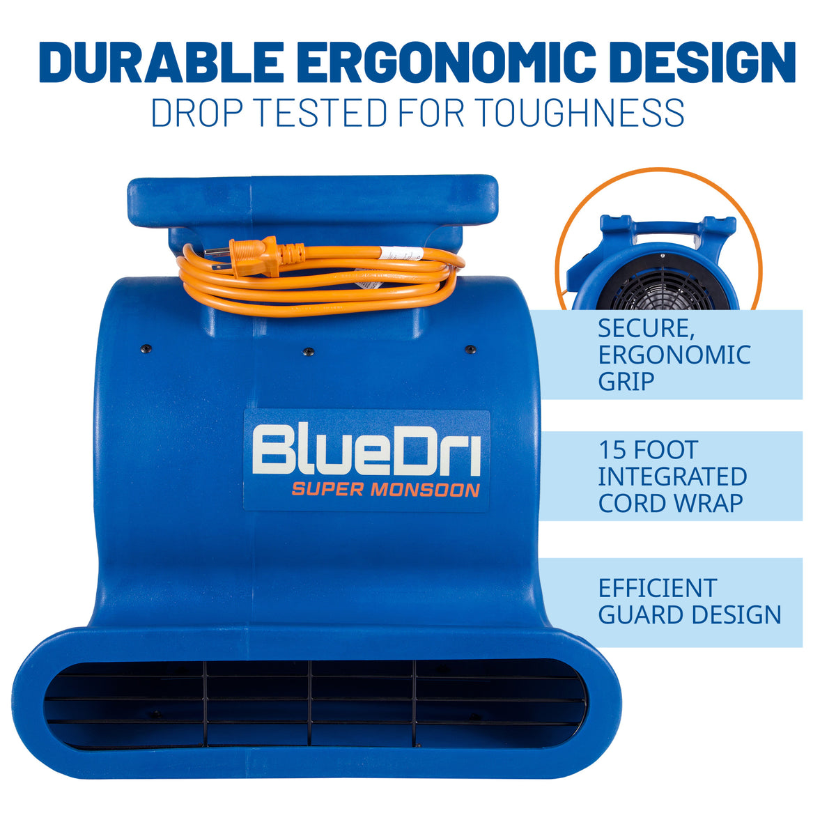 BlueDri Super Monsoon 1 HP 4050 CFM Air Mover Blower Fan: 3-Speed, High Velocity, 3 Drying Angles, Cord Wrap