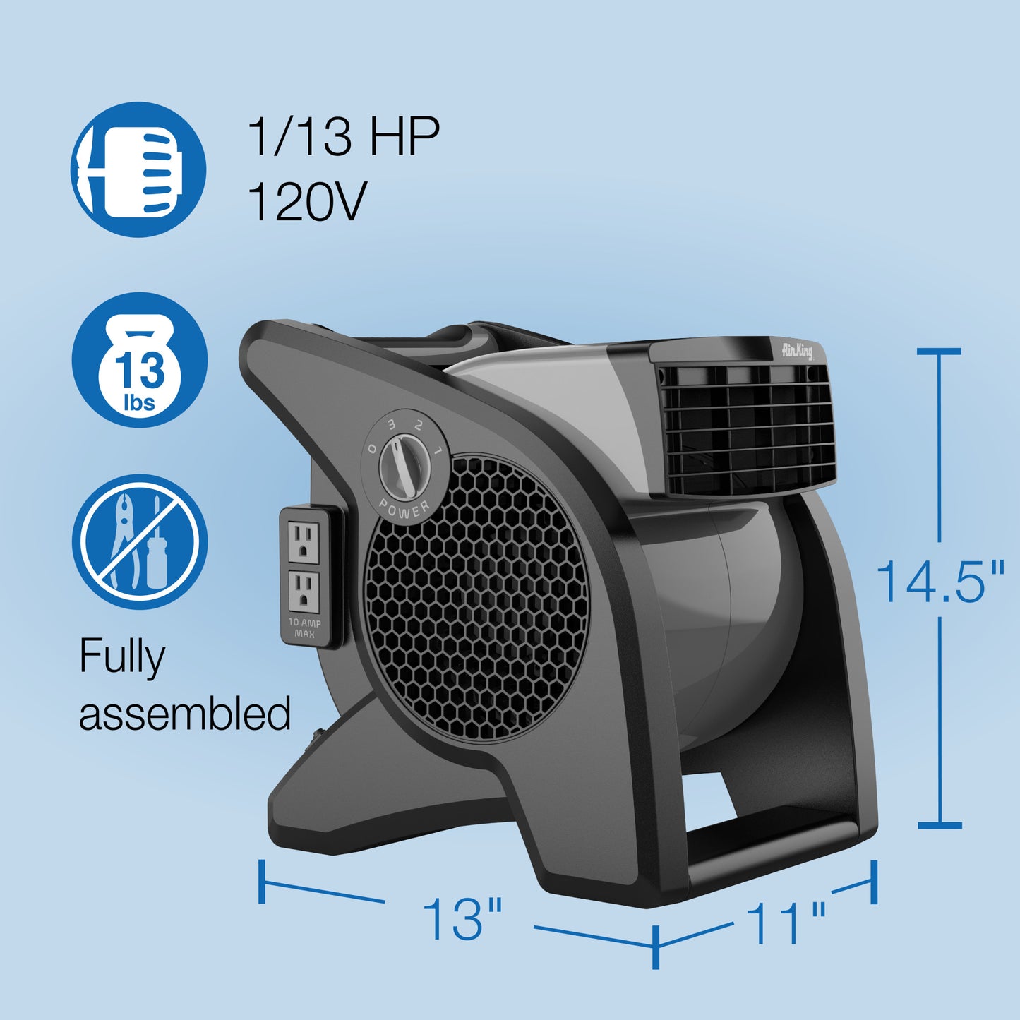 Air King 15" Air Mover Blower Fan: 3-Speed, High Velocity, 2 Outlets, Pivoting, Black