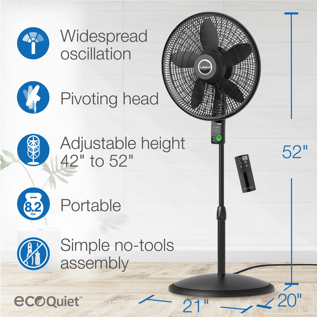 Lasko EcoQuiet 18" DC Pedestal Fan: Oscillating, 12-Speed, Remote
