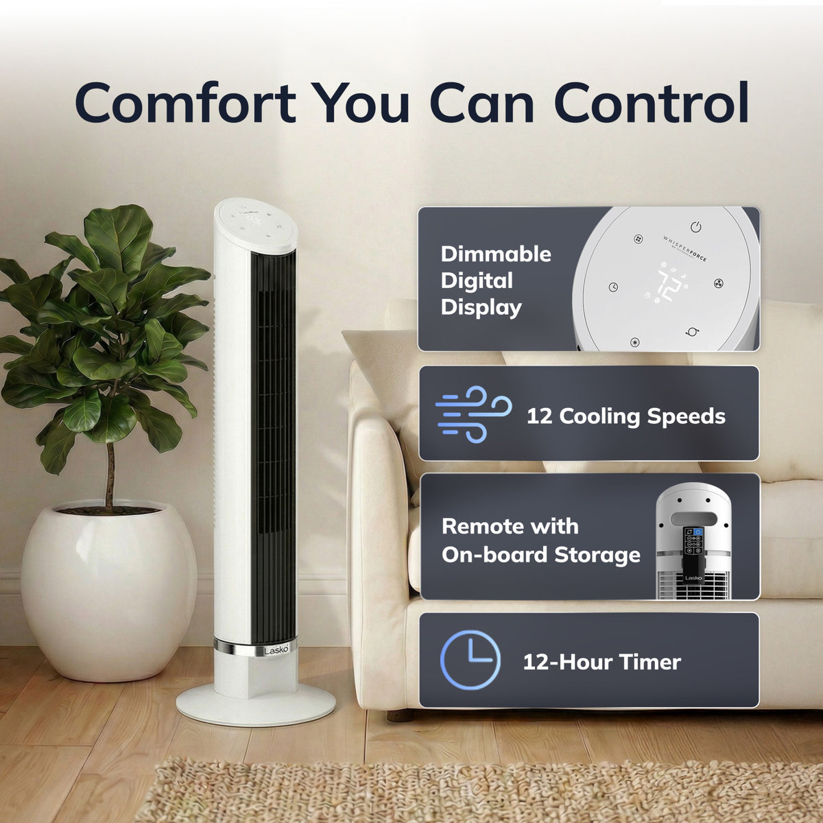 Lasko 36" DC Tower Fan: Oscillating, 12-Speed, Remote, Timer