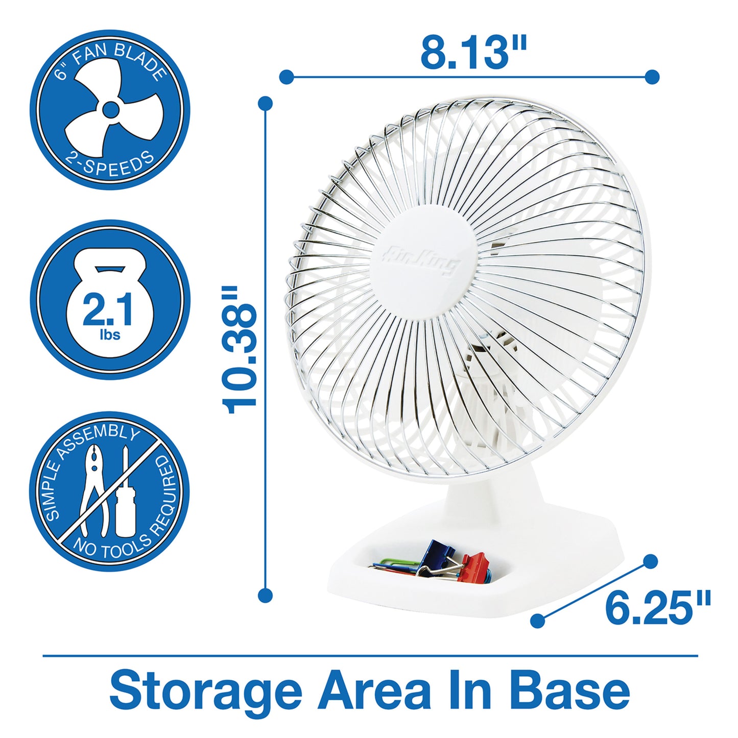 Air King 6" Commercial Grade Table Fan: 2-Speed, Tilting Head, Storage Tray, White