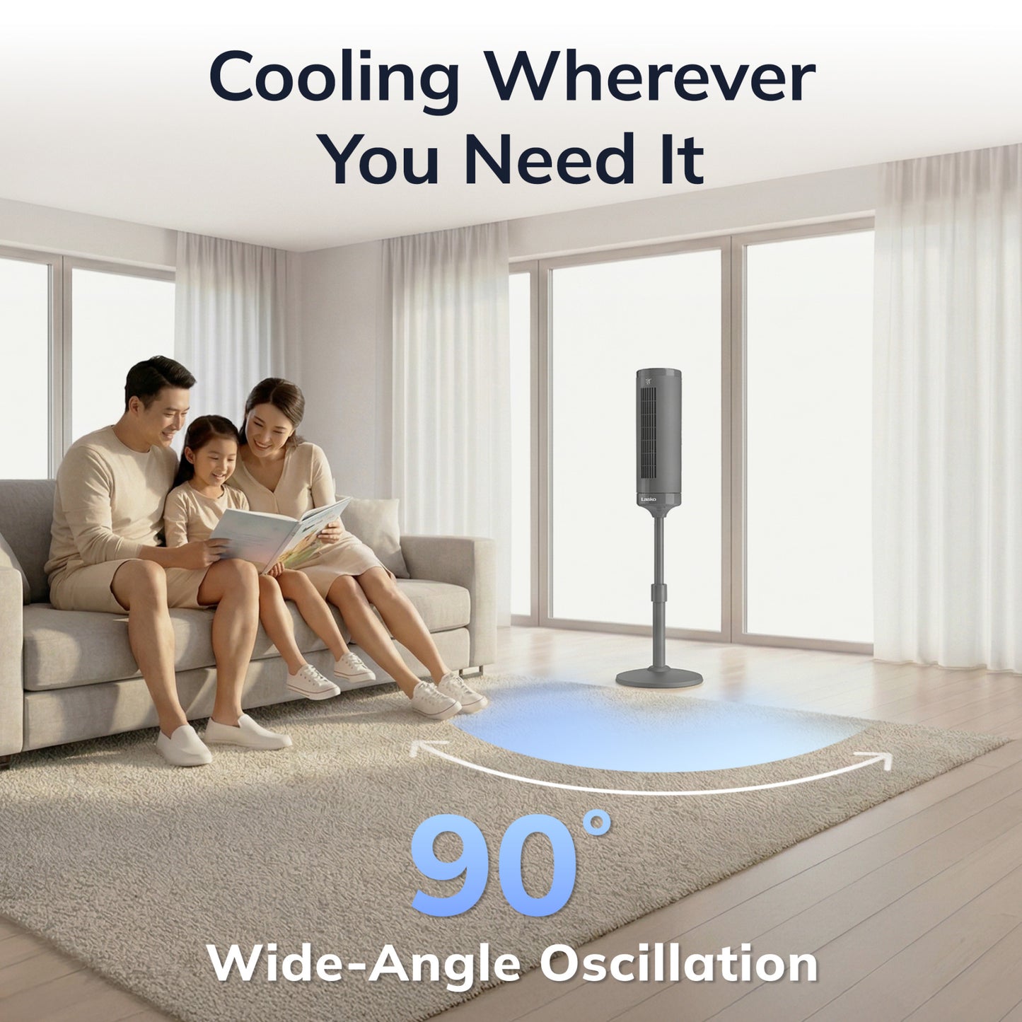 Lasko Rise 54" DC Pedestal Fan: Oscillating, 8-Speed, Remote, Timer, Gray