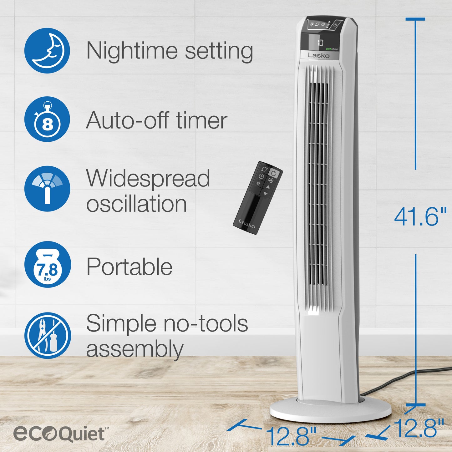 Lasko EcoQuiet 42" DC Tower Fan: Oscillating, 12-Speed, Remote, White