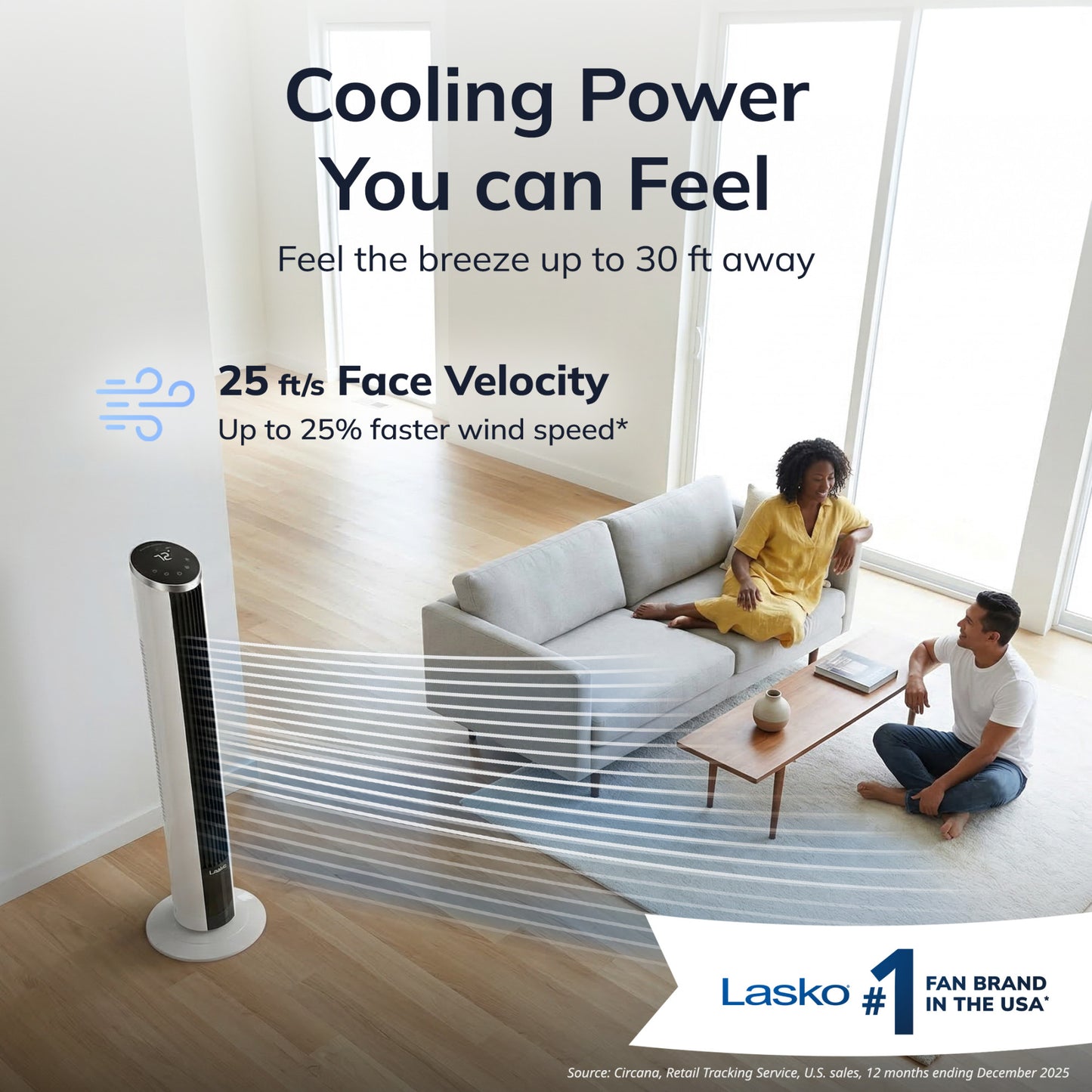Lasko 42" DC Tower Fan: Oscillating, 12-Speed, Remote, Timer, White