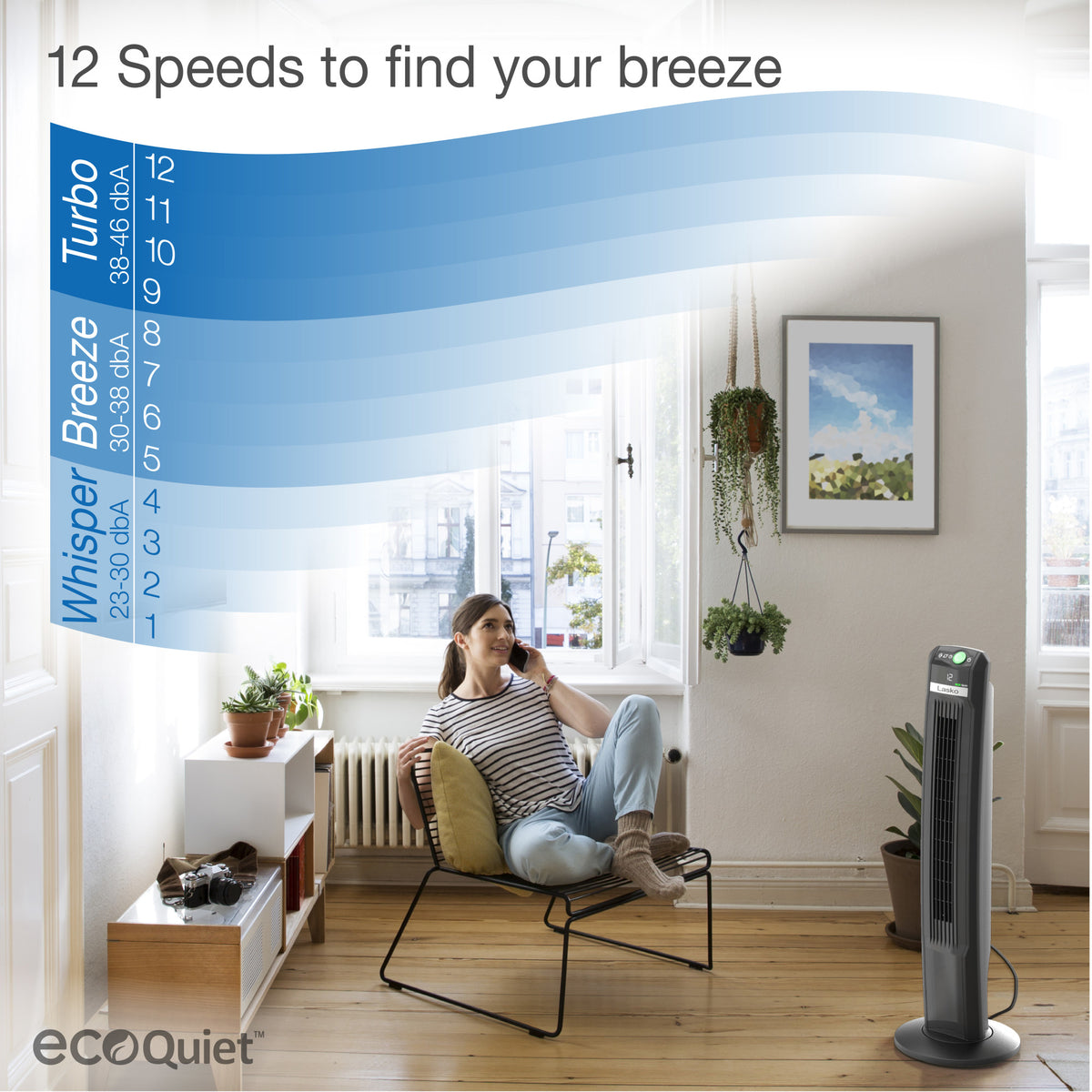 Lasko EcoQuiet 42" DC Tower Fan: Oscillating, 12-Speed, Remote