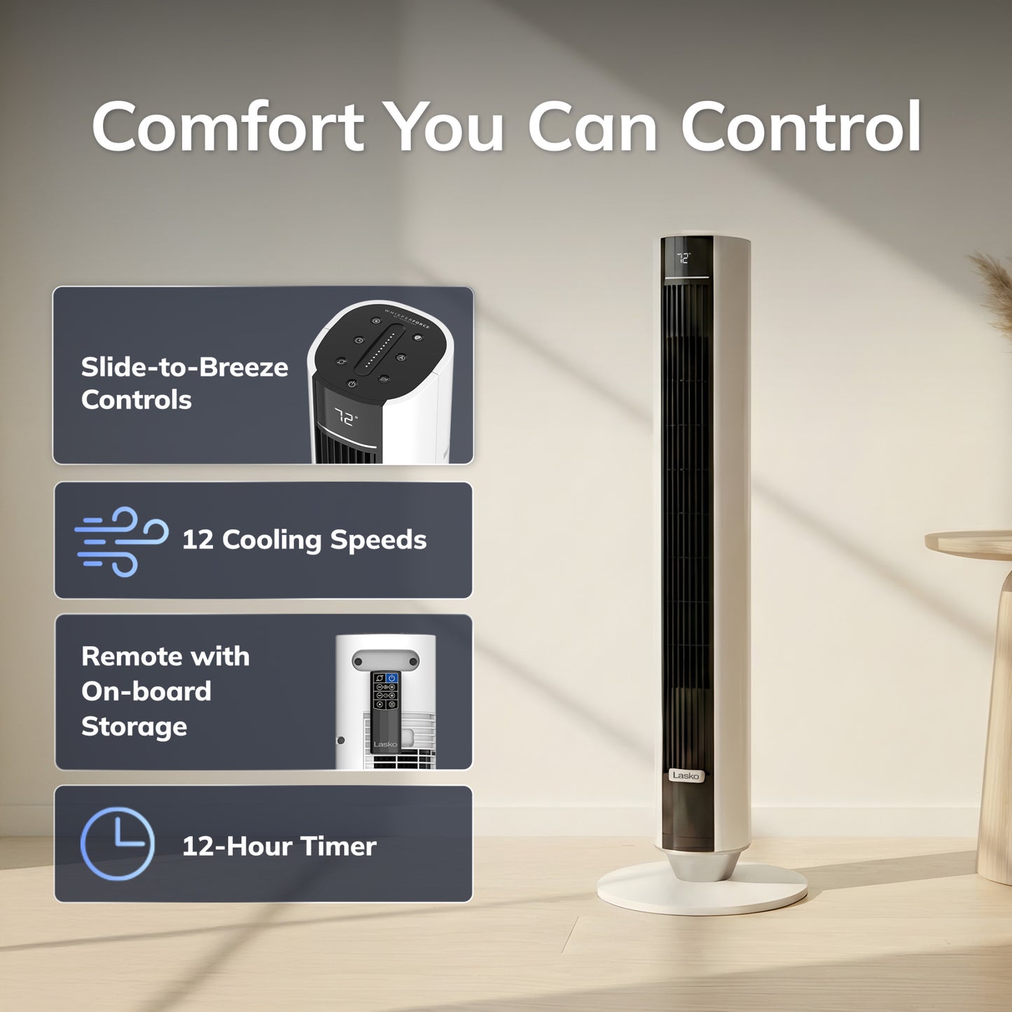 Lasko 40" DC Tower Fan: Oscillating, 12-Speed, Remote, Timer, White