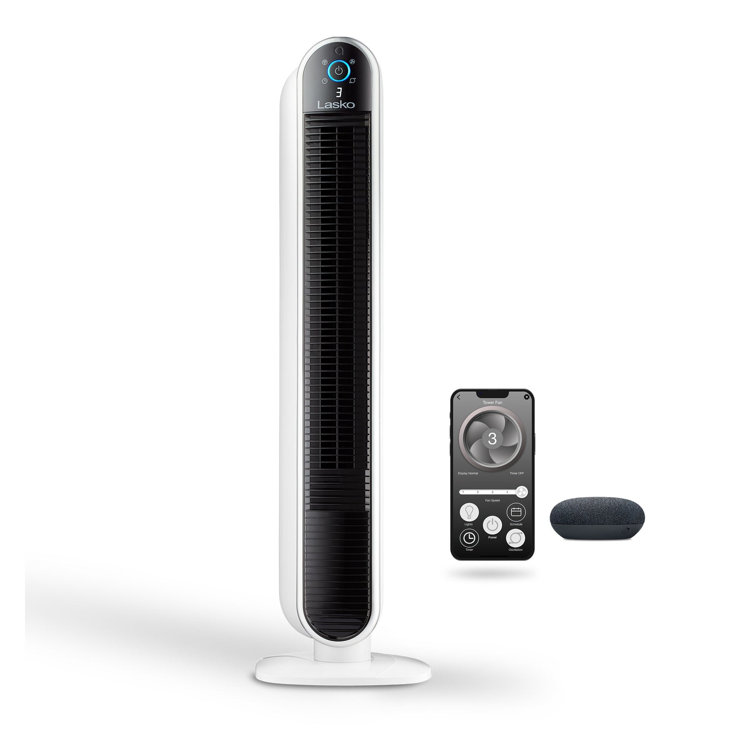Lasko 40" Smart Tower Fan: Oscillating, 5-Speed, Timer, Wi-Fi, White