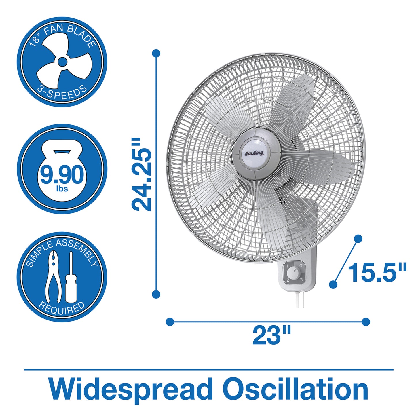 Air King 1/20 HP 18" Commercial Grade Wall Mount Fan: Oscillating, 3-Speed, Gray