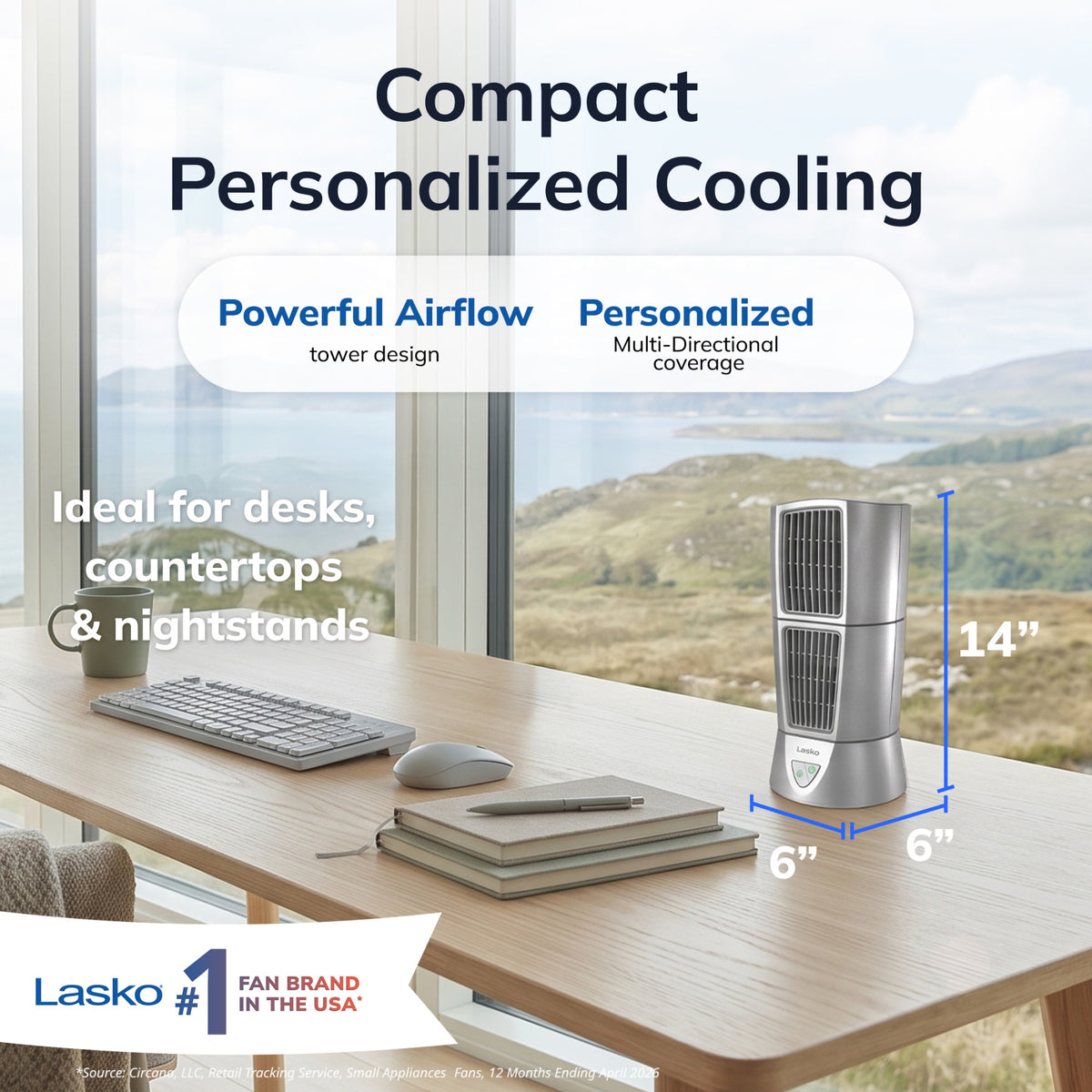 Lasko Wind Tower 14" Table Fan: Oscillating, 3-Speed, Pivoting