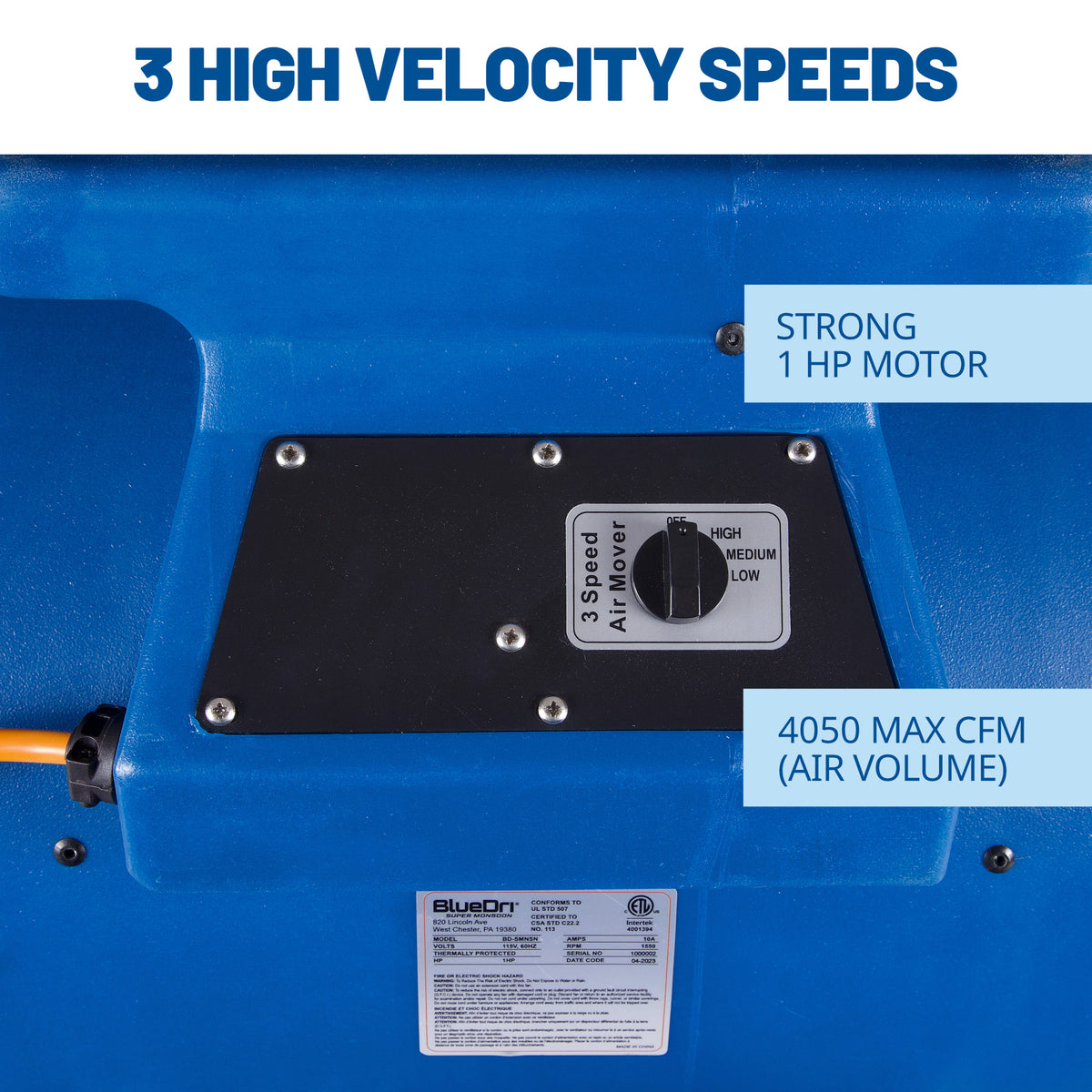 BlueDri Super Monsoon 1 HP 4050 CFM Air Mover Blower Fan: 3-Speed, High Velocity, 3 Drying Angles, Cord Wrap