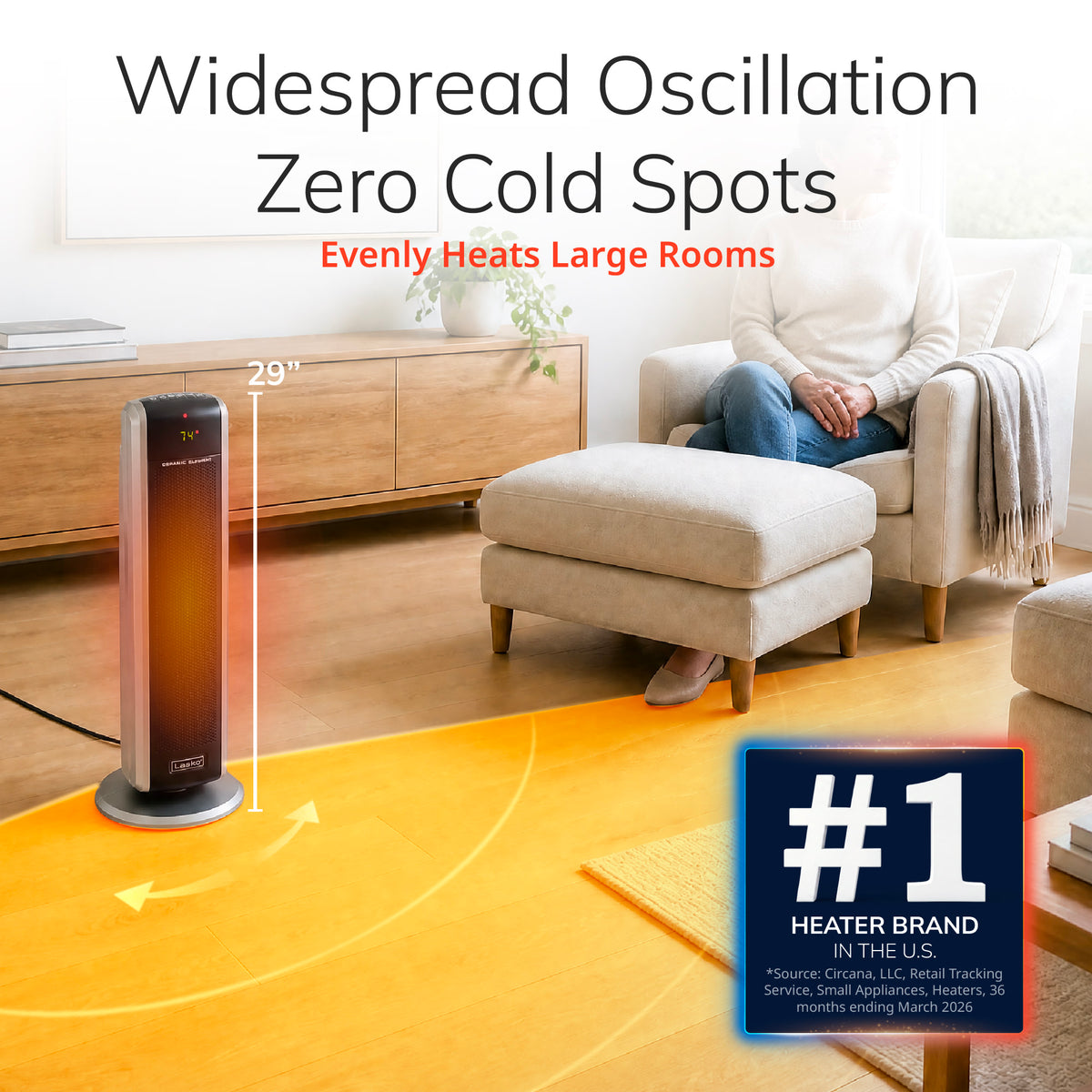Lasko 29" Ceramic Tower Space Heater: Oscillating, 2 Heat Settings, Remote, Timer, Thermostat