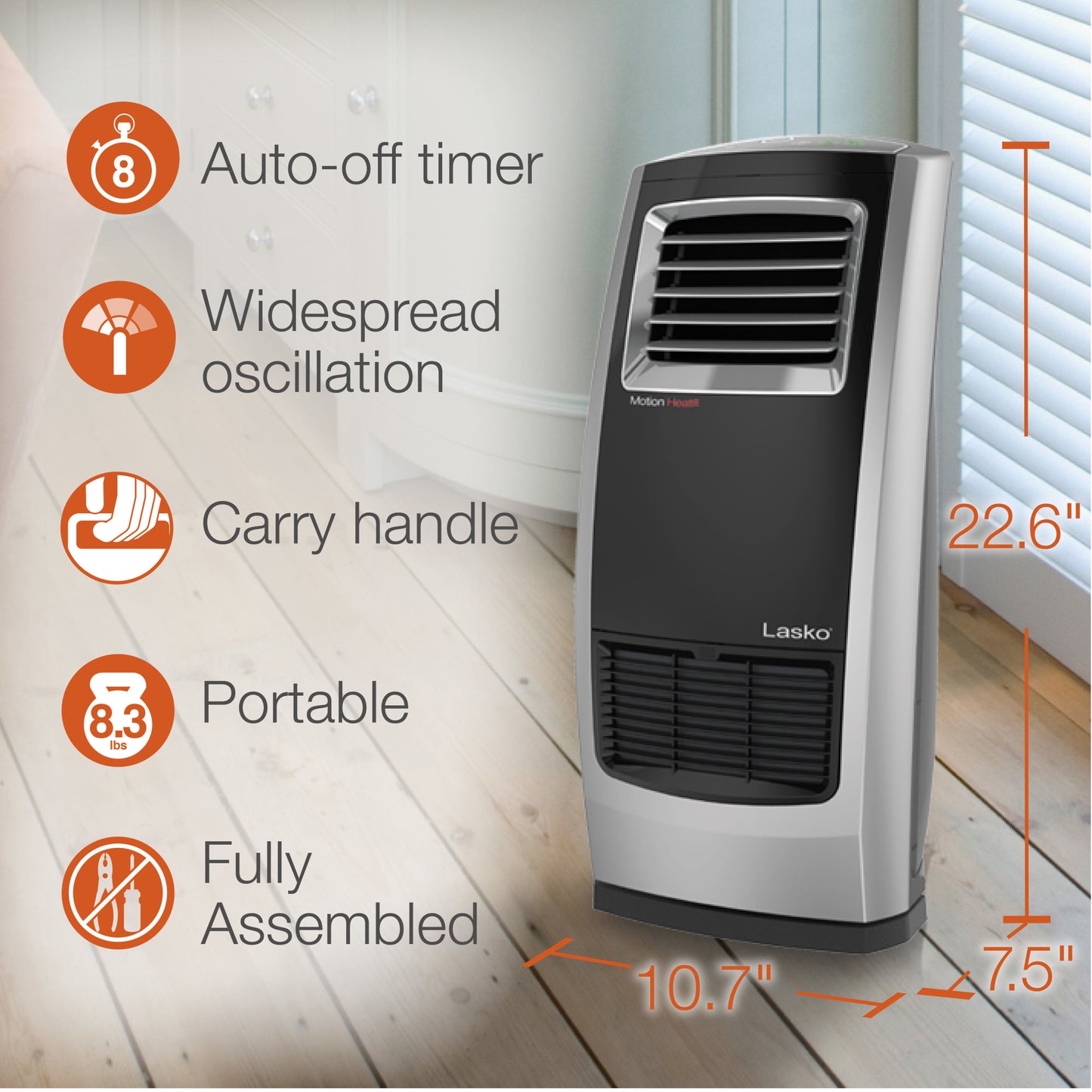 Lasko 1500W Motion Heat Plus Whole Room Ceramic Space Heater with Remote, CC23160, Black/Silver