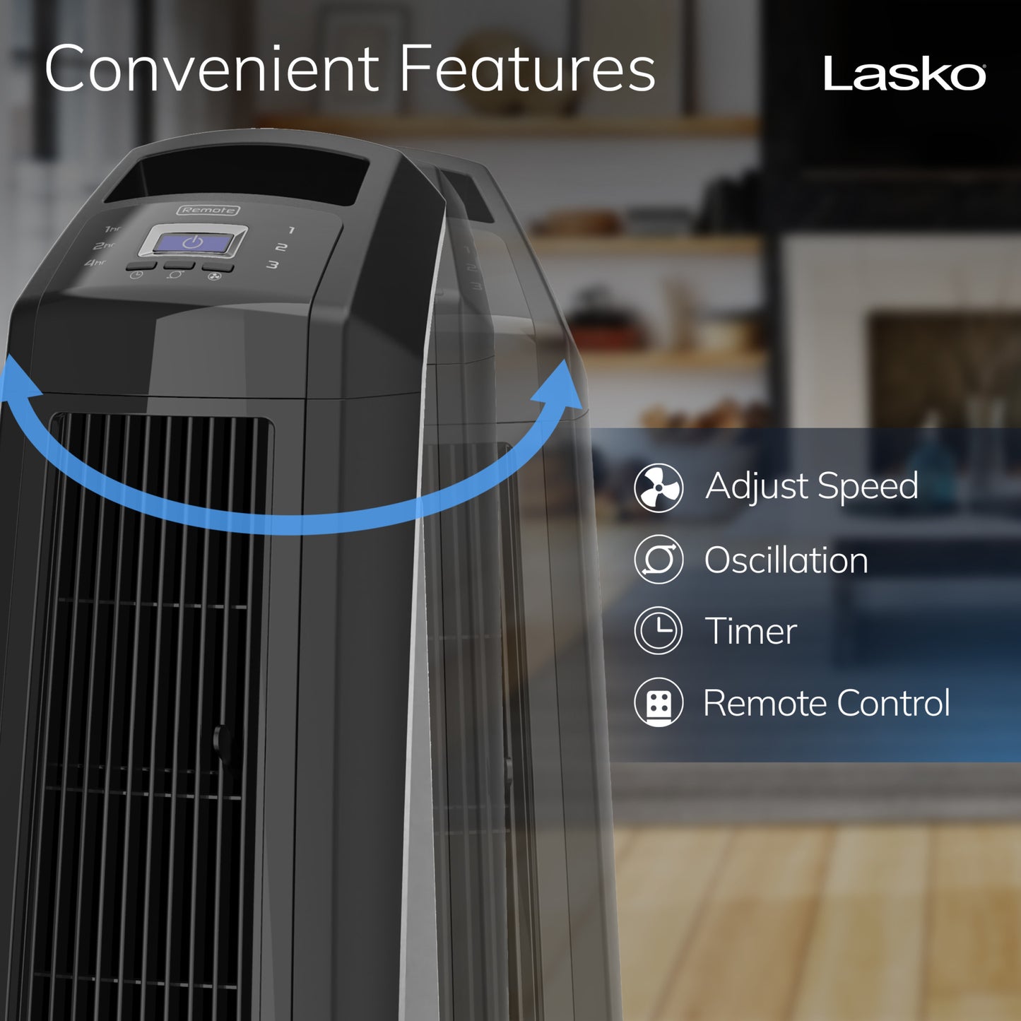 Lasko 35" Tower Fan: Oscillating, 3-Speed, High Velocity, Manual Louvers, Remote, Black