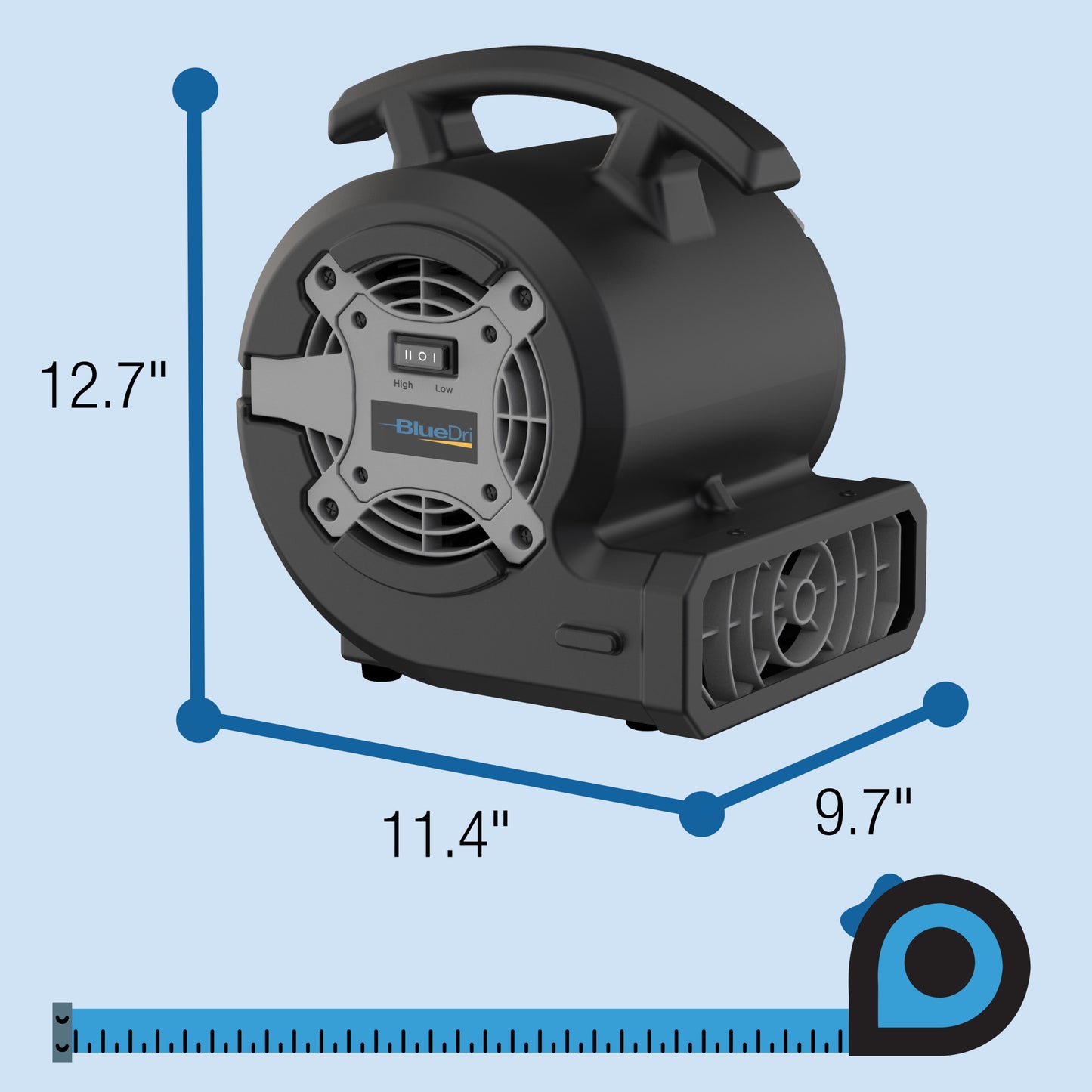 BlueDri 1/8 HP 13" Air Mover Blower Fan: 2-Speed, High Velocity, Black