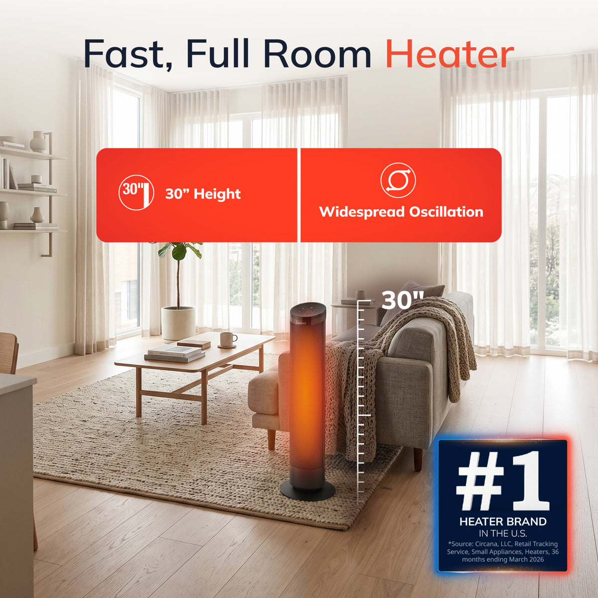 Lasko 30" Ceramic Tower Space Heater: Oscillating, 3 Heat Settings, Remote, Timer, Tip-Over Switch, Thermostat
