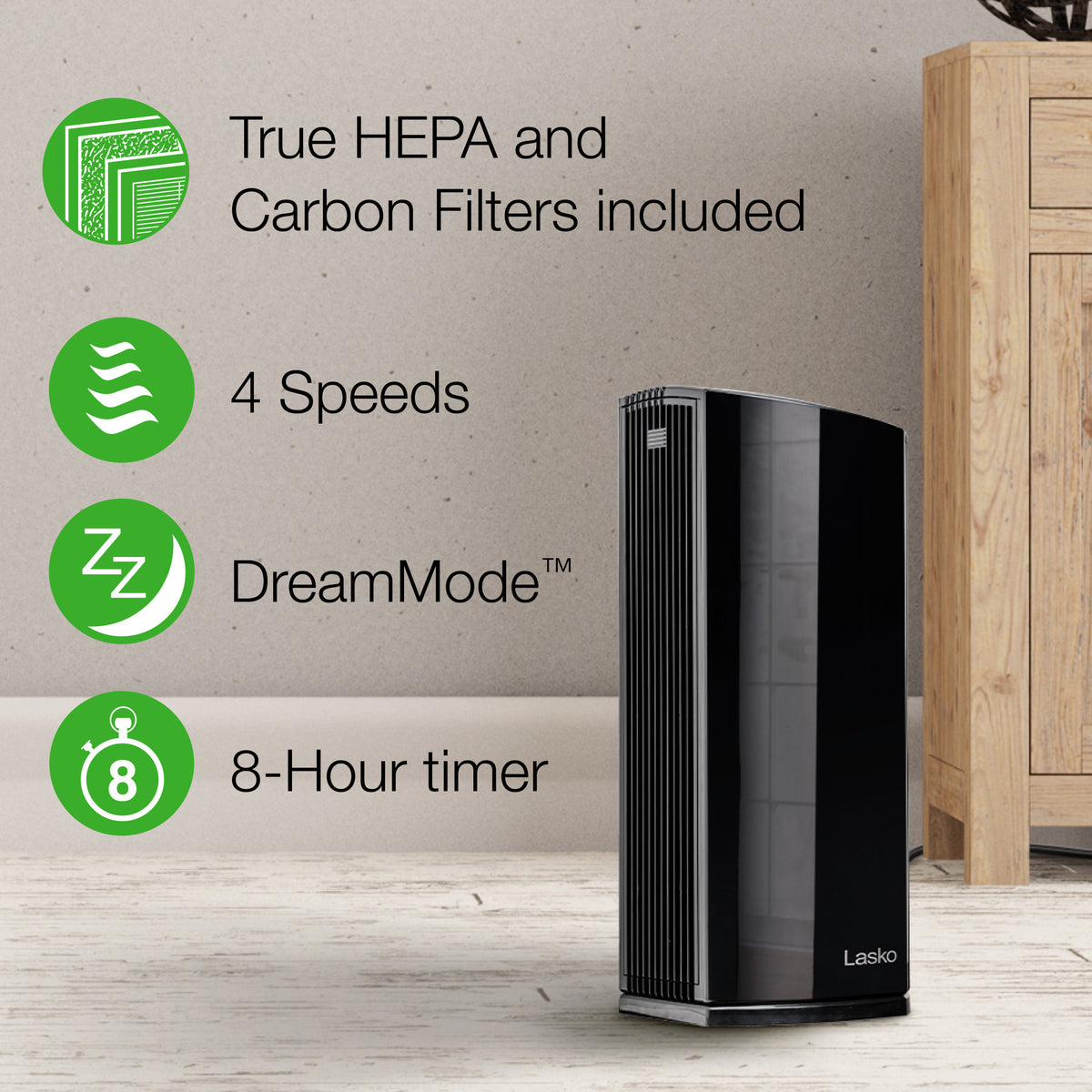 Lasko 22" Tower Air Purifier: 4-Speed, True HEPA, Timer, Dream Mode