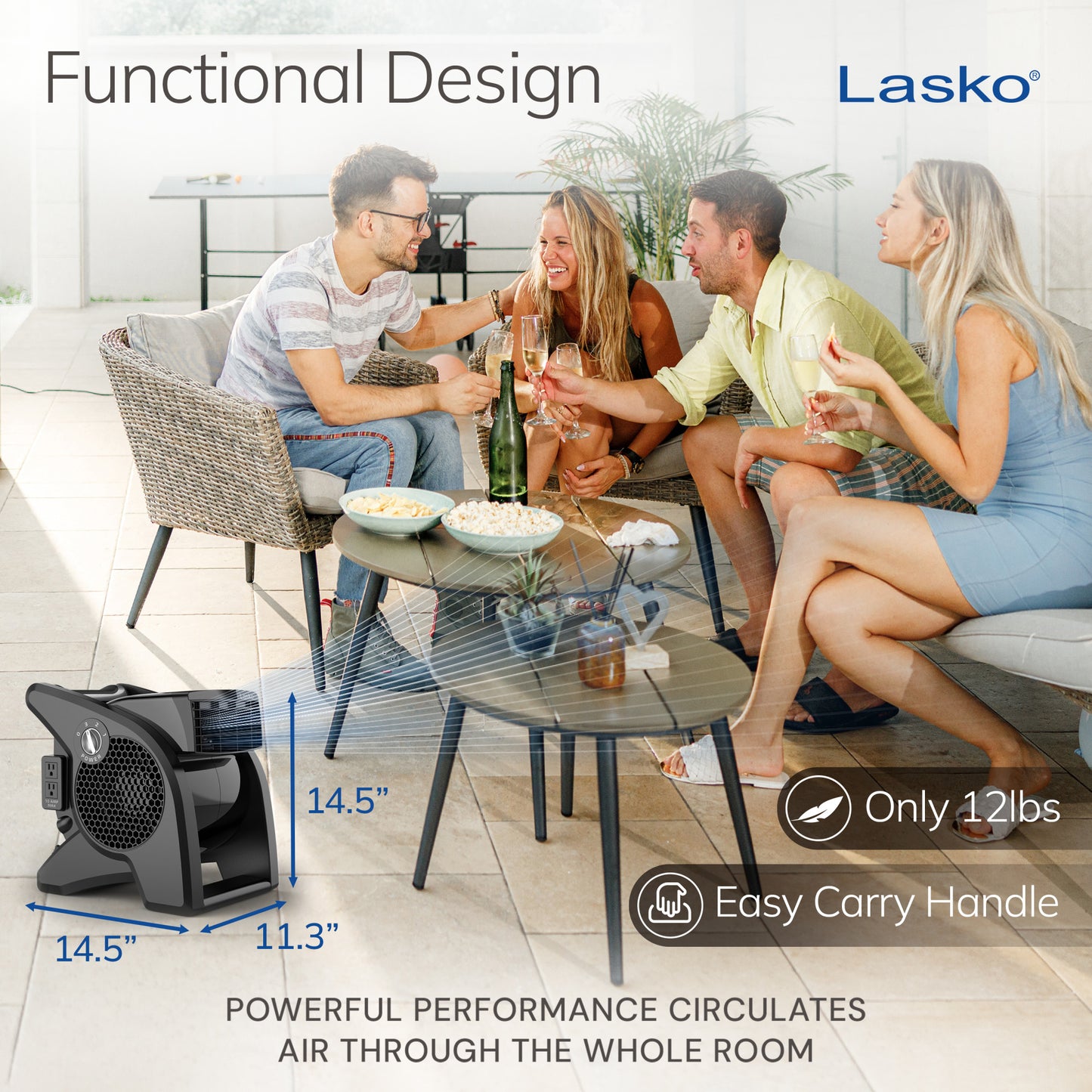 Lasko 15" Air Mover Blower Fan: 3-Speed, High Velocity, 2 Outlets, Pivoting, Black