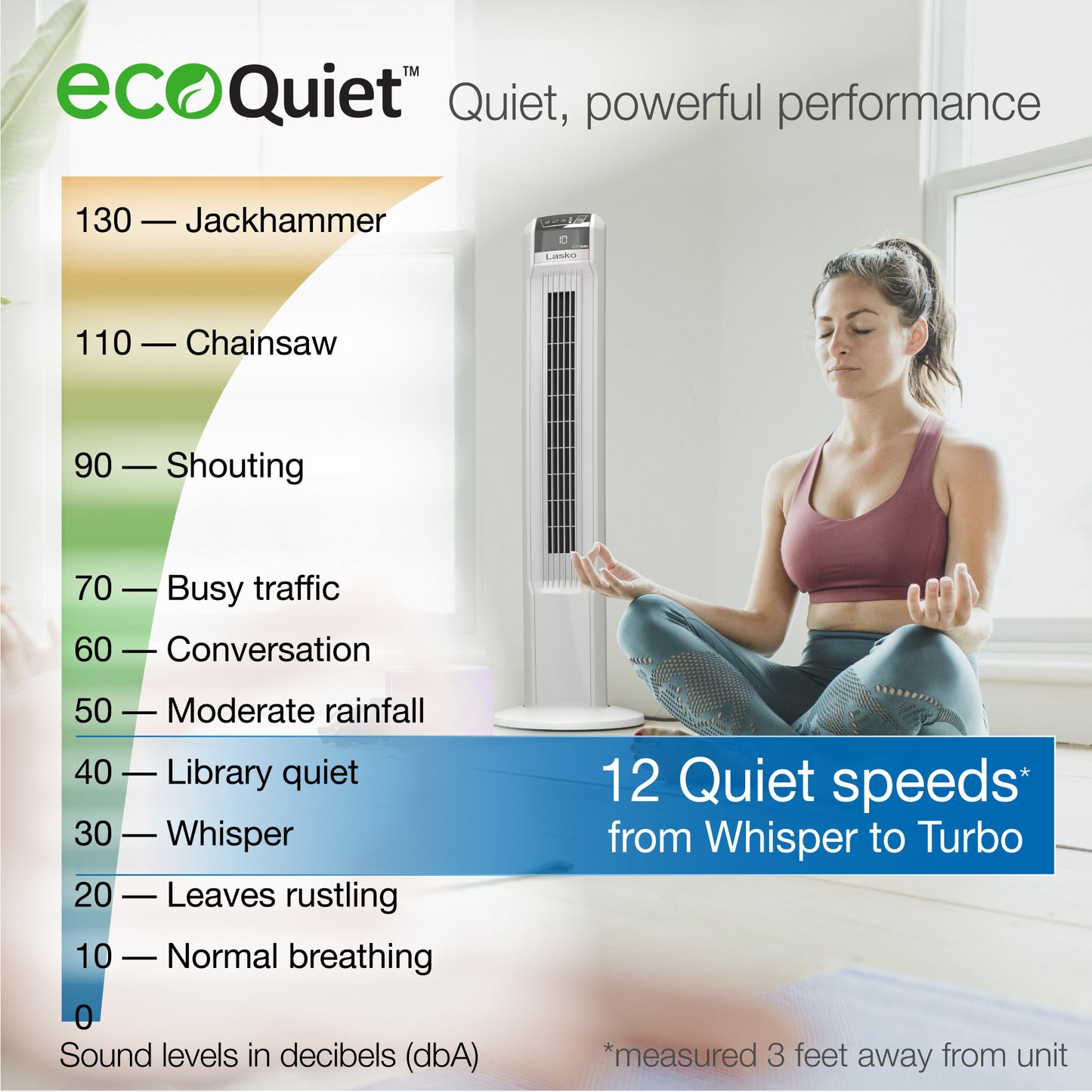 Lasko EcoQuiet 42" DC Tower Fan: Oscillating, 12-Speed, Remote, White