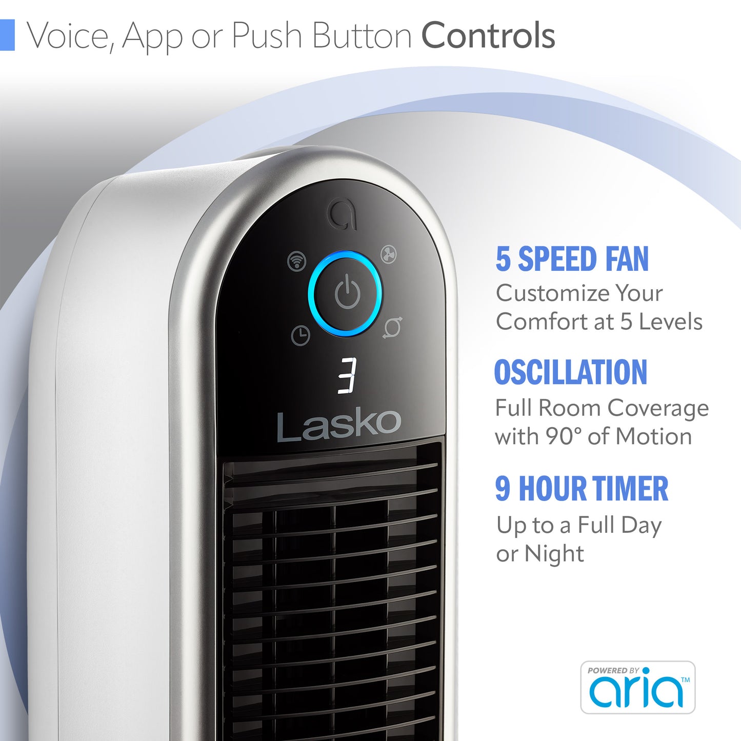Lasko 40" Smart Tower Fan: Oscillating, 5-Speed, Timer, Wi-Fi, White