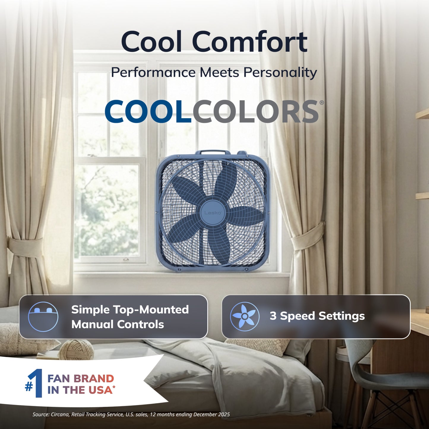 Lasko Cool Colors 20" Box Fan: 3-Speed, Weather-Resistant Motor, Laguna Blue