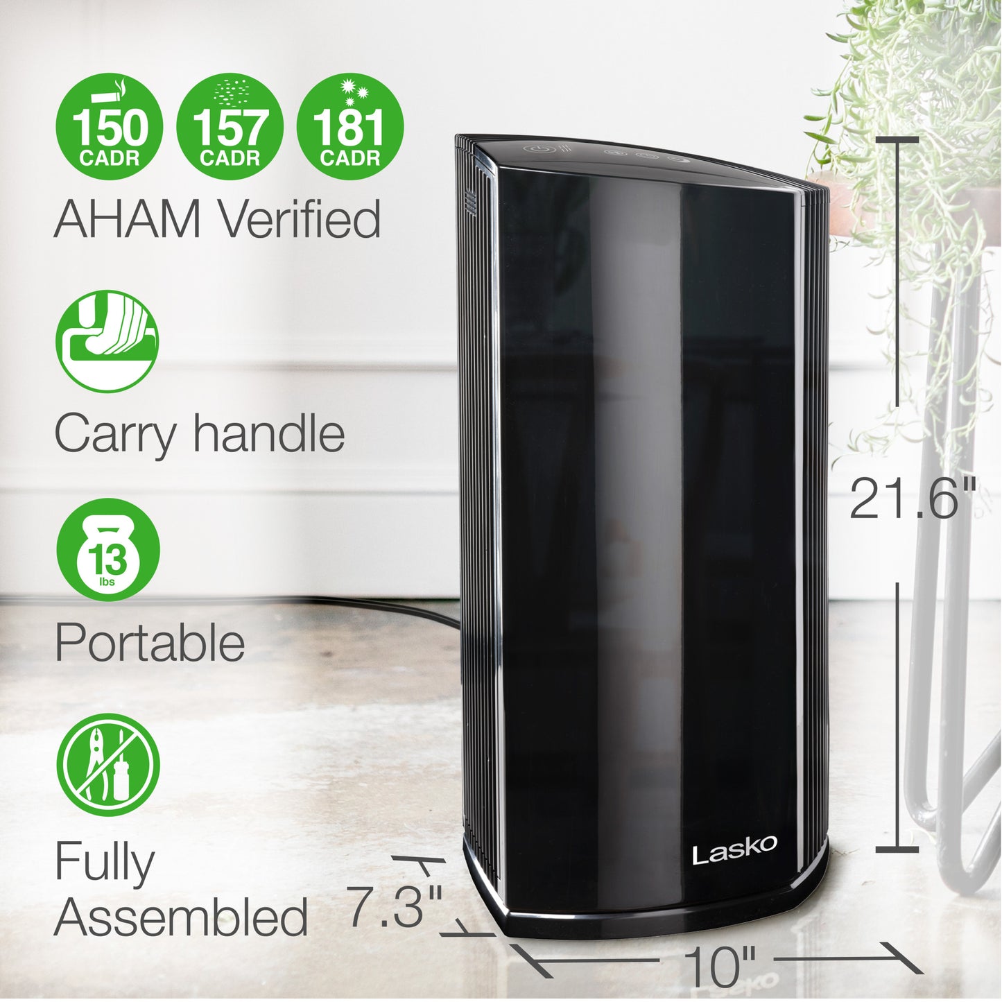 Lasko Smart Air Purifier with True HEPA Filter, Works with Alexa, LP450S, Black