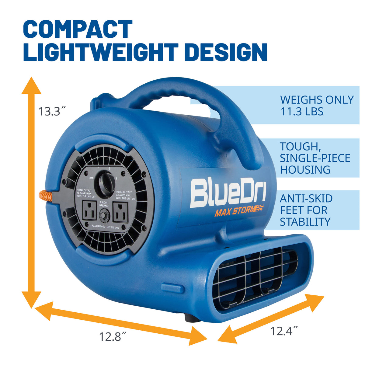 BlueDri Max Storm 25 1/4 HP 900 CFM Air Mover Blower Fan: 3-Speed, High Velocity, 2 Outlets, 3 Drying Angles, Cord Wrap
