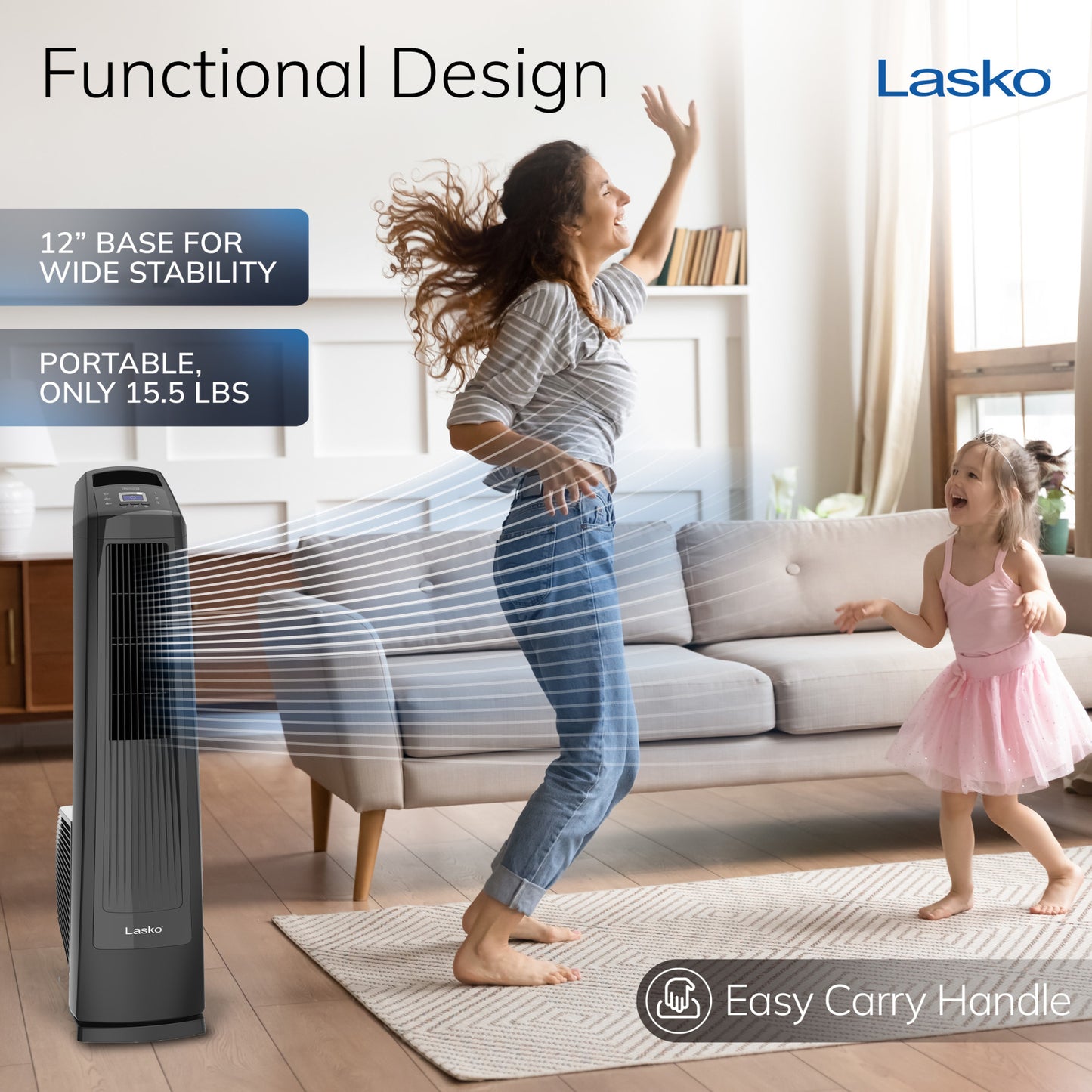 Lasko 35" Tower Fan: Oscillating, 3-Speed, High Velocity, Manual Louvers, Remote, Black