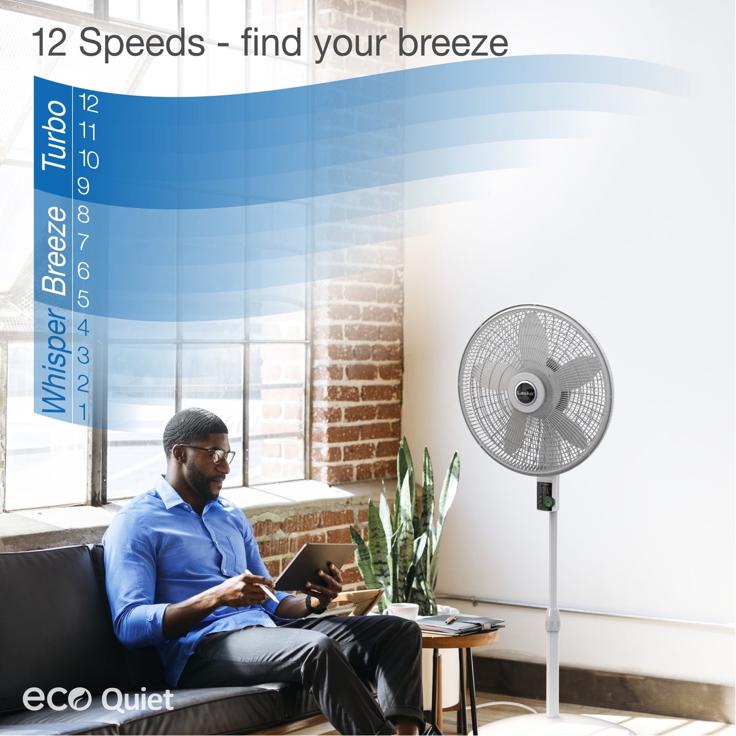 Lasko EcoQuiet 18" DC Pedestal Fan: Oscillating, 12-Speed, Remote, White