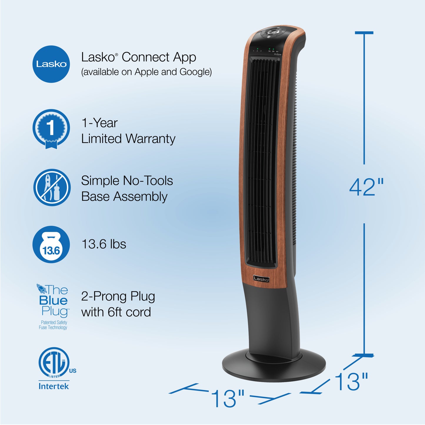 Lasko Wind Curve 42" Tower Fan: Oscillating, 3-Speed, Bluetooth, Timer, Black