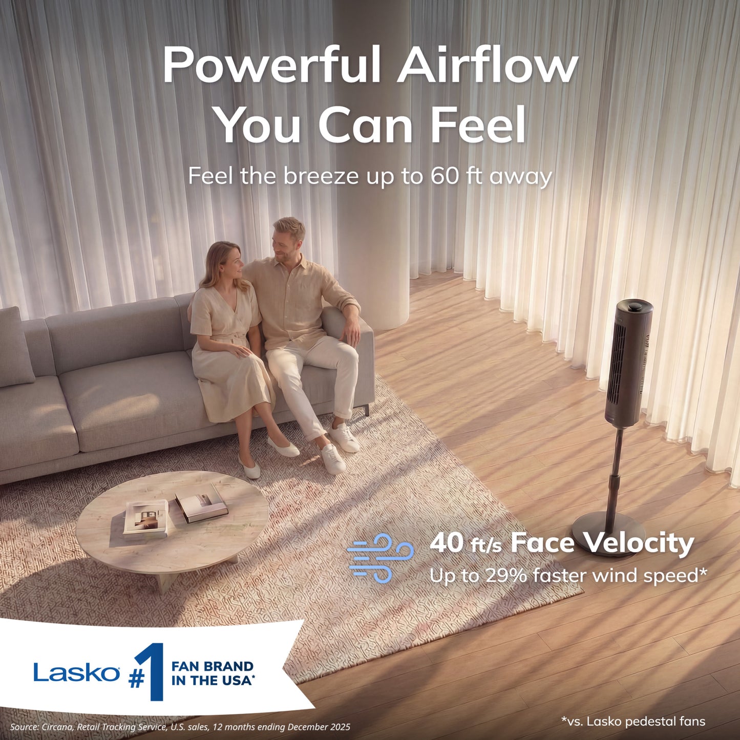 Lasko Rise 54" DC Pedestal Fan: Oscillating, 8-Speed, Remote, Timer, Gray
