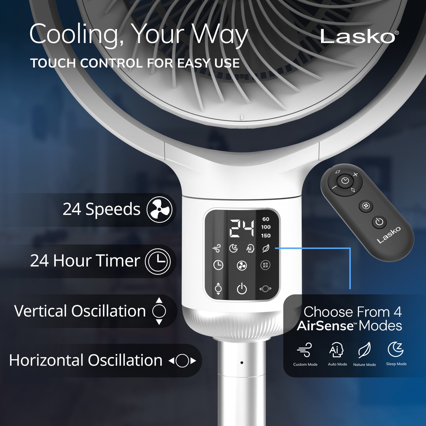 Lasko Whirlwind 7" DC Pedestal Fan: Dual Oscillation, 24-Speed, Remote, Timer, White