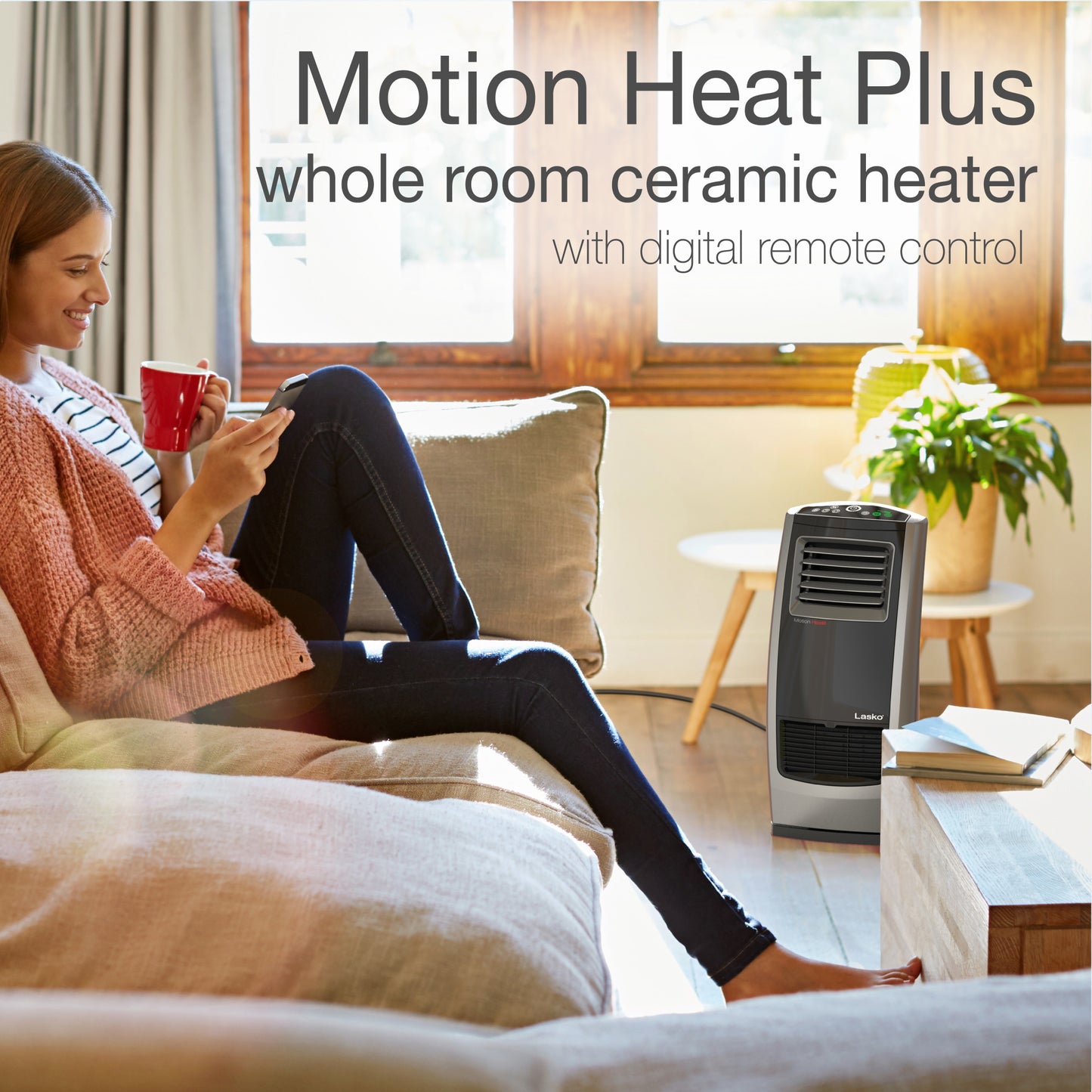 Lasko 1500W Motion Heat Plus Whole Room Ceramic Space Heater with Remote, CC23160, Black/Silver