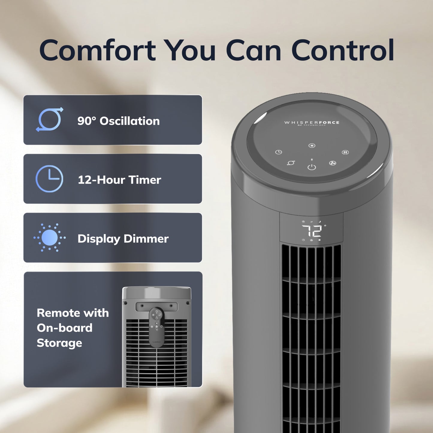 Lasko Rise 54" DC Pedestal Fan: Oscillating, 8-Speed, Remote, Timer, Gray