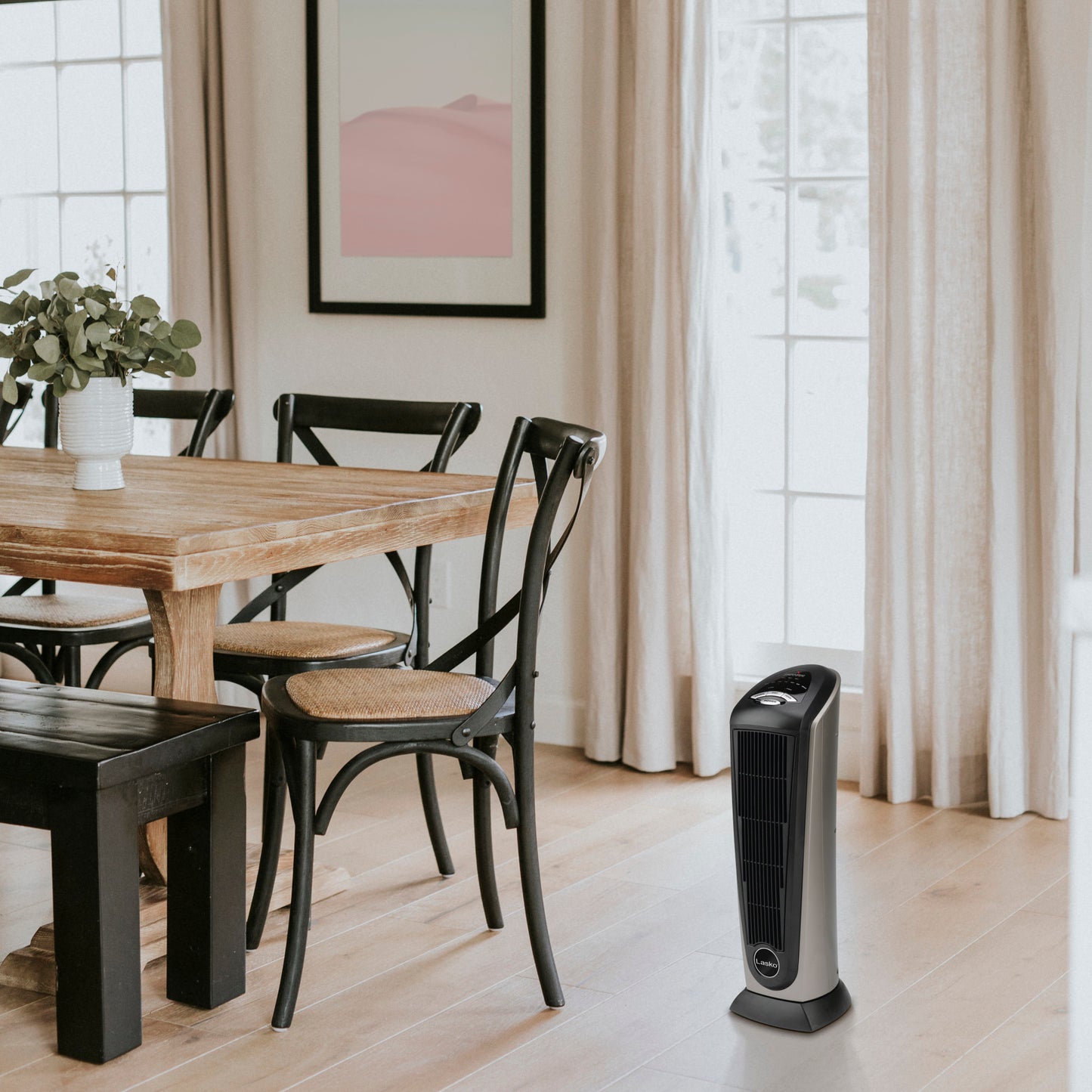 Lasko 23" Ceramic Tower Space Heater, Oscillating, 2-Speed, Remote, Silver