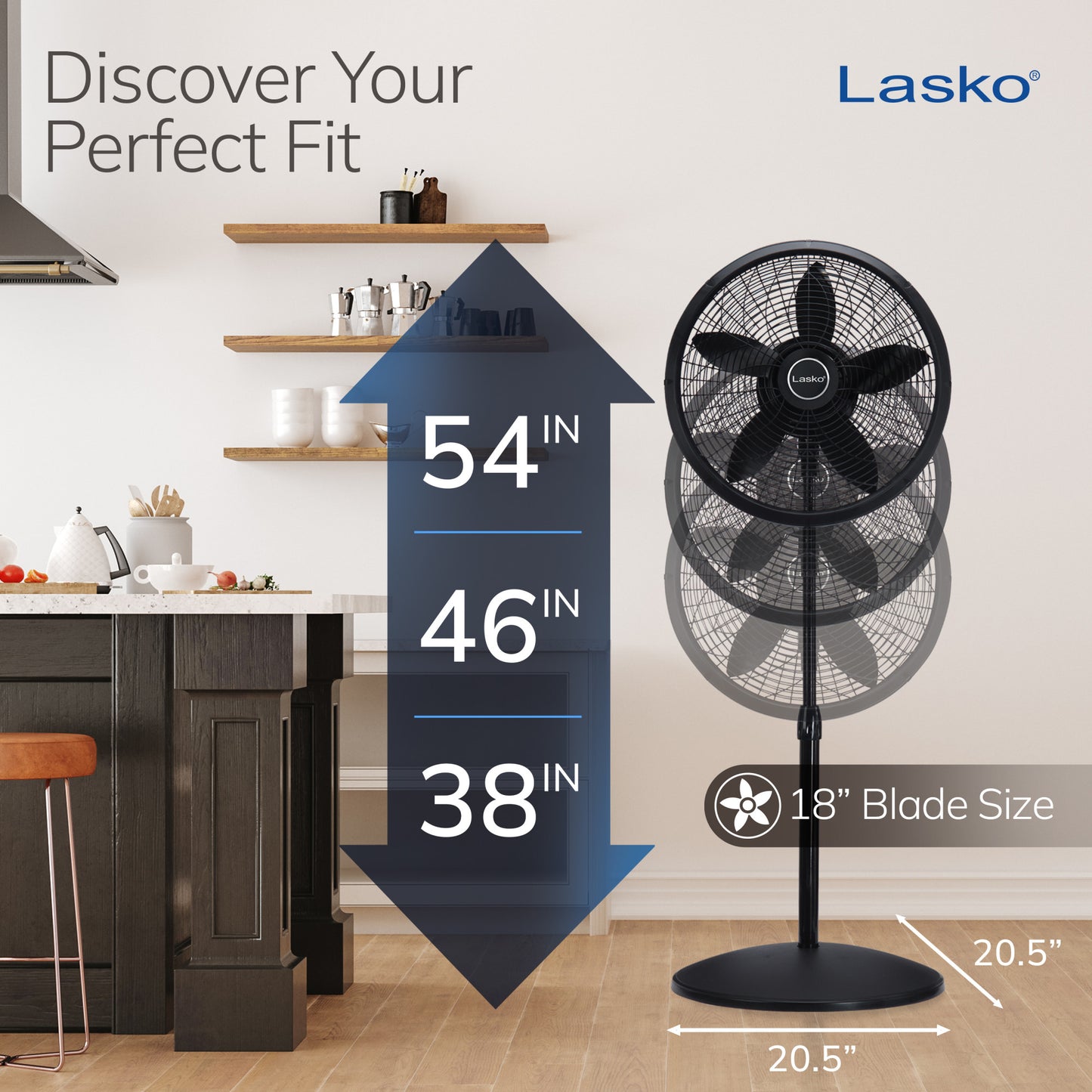 Lasko 18" Pedestal Fan: Oscillating, 3-Speed, Adjustable Height, Black