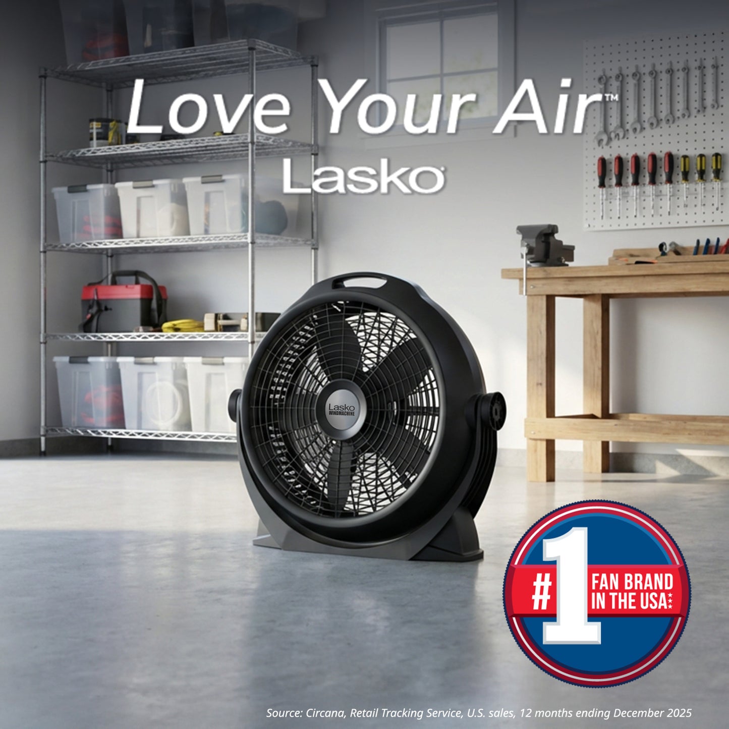 Lasko Wind Machine 20" Air Circulator Fan: 3-Speed, 360° Airflow, Black