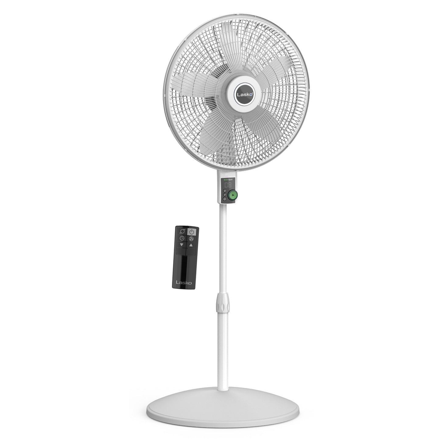 Lasko EcoQuiet 18" DC Pedestal Fan: Oscillating, 12-Speed, Remote, White