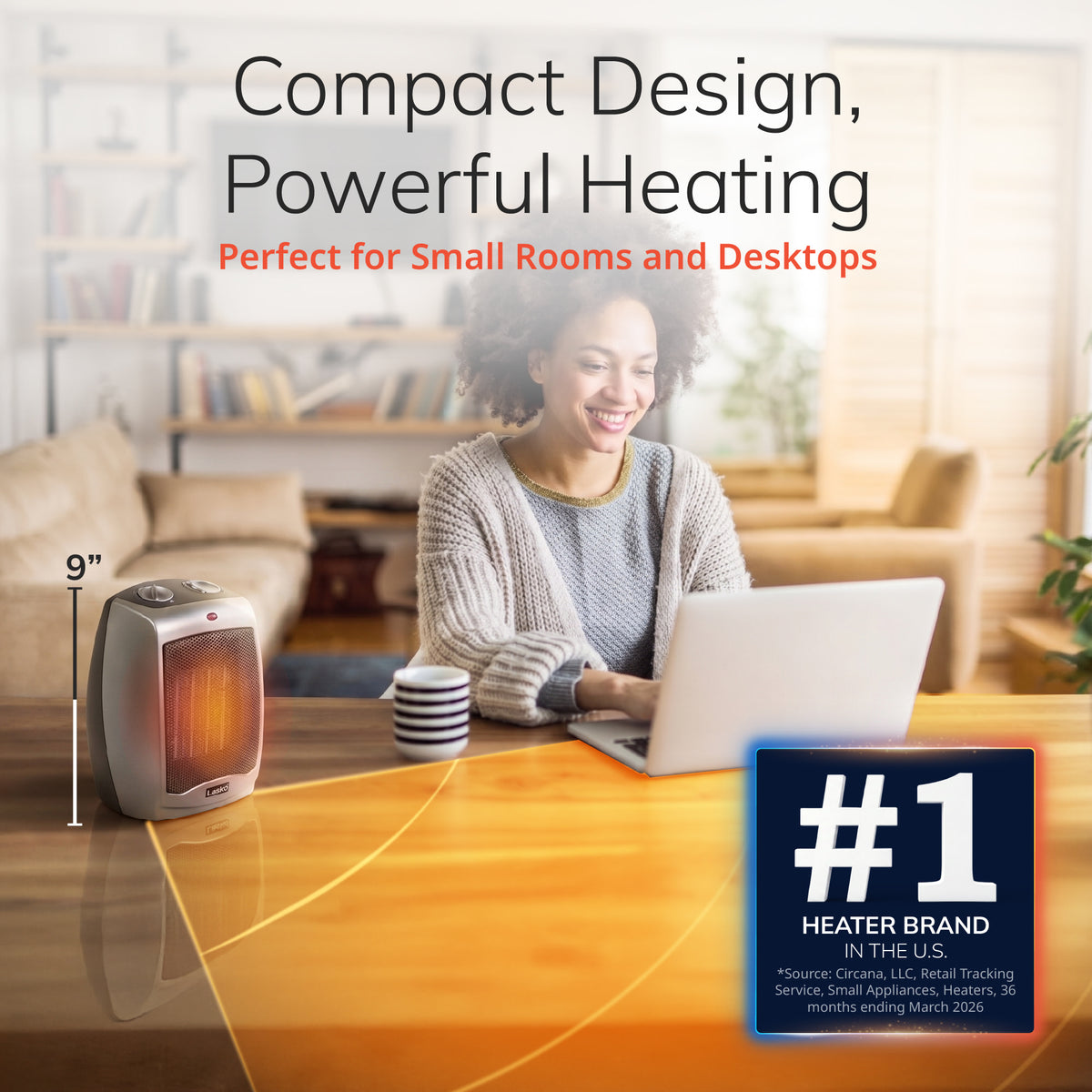 Lasko 9" Ceramic Space Heater: 2 Heat Settings, Tip-Over Switch, Thermostat