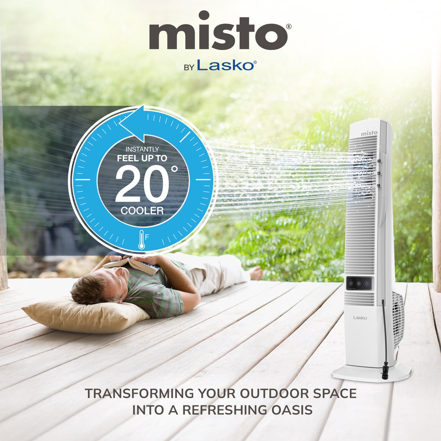 Lasko Misto 42" Outdoor Misting Tower Fan: Oscillating, 4-Speed, White