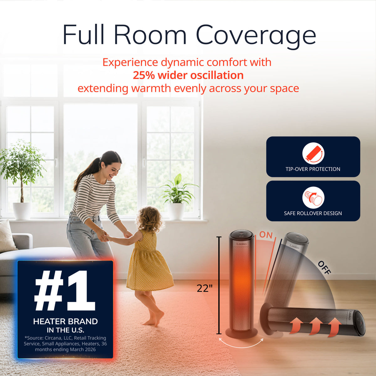 Lasko 22" Ceramic Tower Space Heater: Oscillating, 3 Heat Settings, Remote, Timer, Tip-Over Switch, Child Lock, Thermostat, Black