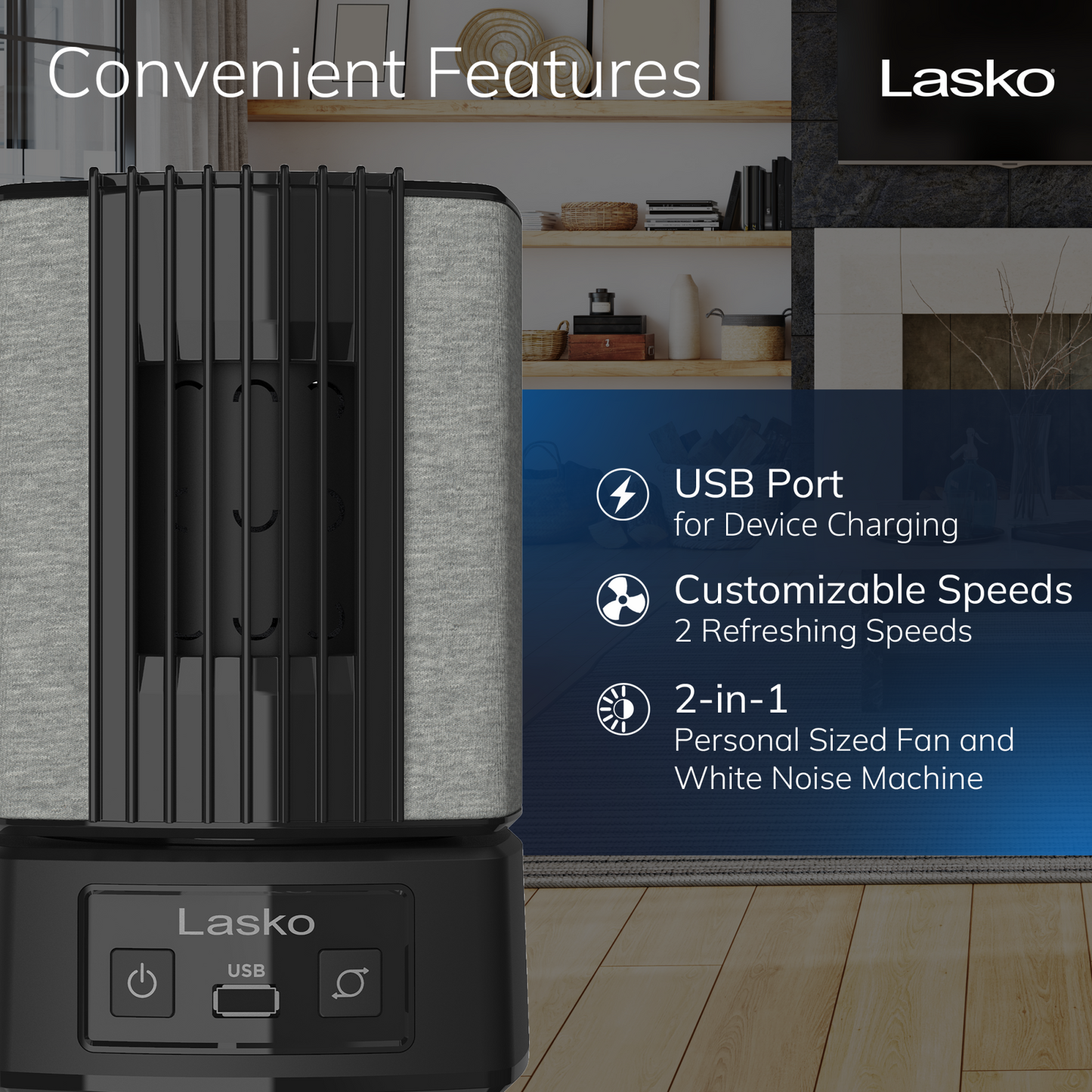 Lasko SlumberBreeze 8" Table Fan with White Noise: Oscillating, 2-Speed, Black