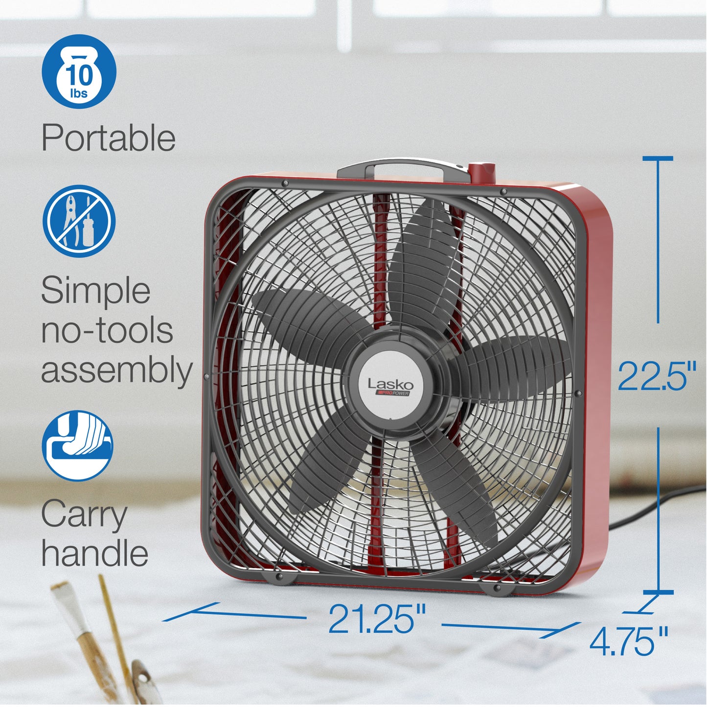 Lasko Pro Power 20" Box Fan: 3-Speed, Weather-Resistant Motor, Red