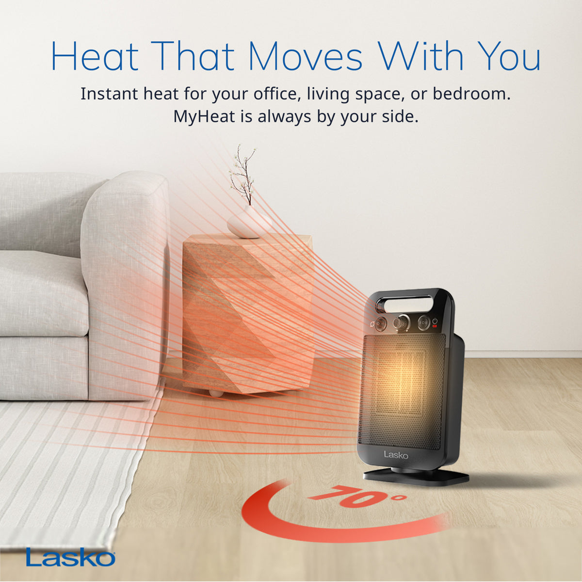 Lasko MyHeat-GO 13" Ceramic Space Heater: Oscillating, 2 Heat Settings, Thermostat