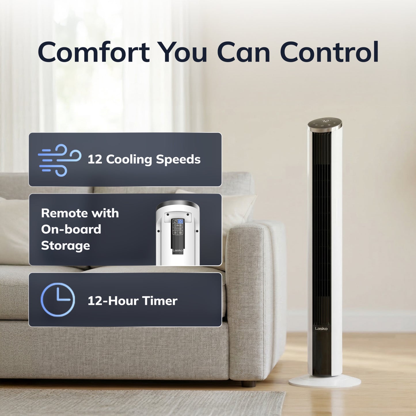 Lasko 42" DC Tower Fan: Oscillating, 12-Speed, Remote, Timer, White